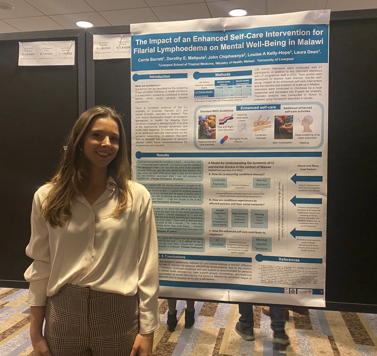 Carrie_Barrett_'s tweet photo. If you’re at @ASTMH and interested in #mentalhealth and #lymphaticfilariasis and the impact of an enhanced self-care intervention in Malawi, from the perspectives of persons affected, come and visit my poster! You can find me upstairs poster number 8288 😊 https://t.co/gxdS7l84R5