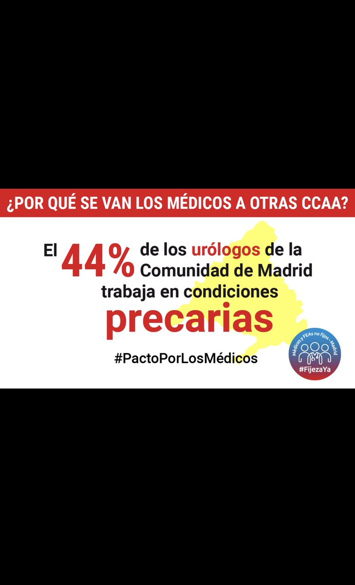 <a href="/SaludMadrid/">Salud Madrid</a> Hay 106 urólogos temporales en <a href="/SaludMadrid/">Salud Madrid</a>, la ley 20/21 fijará sólo a 24 de ellos aún teniendo AÑOS en abuso de temporalidad y fraude de ley. Maltrato continuo a pesar de excelente asistencia e investigación  #FijezaYa #PactoPorLosMedicos <a href="/IdiazAyuso/">Isabel Díaz Ayuso</a>