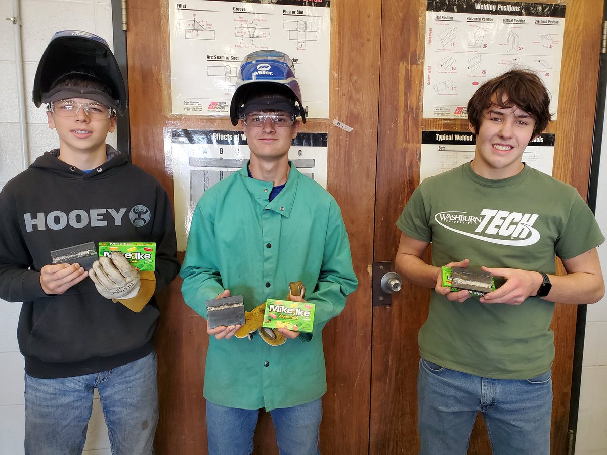 LukertLovesAg's tweet photo. The first three winners of the weld challenge of the week are Cole H., Isaac A. and Xavier D. @SMJSHSBearsKS https://t.co/kbpmUDnO7T