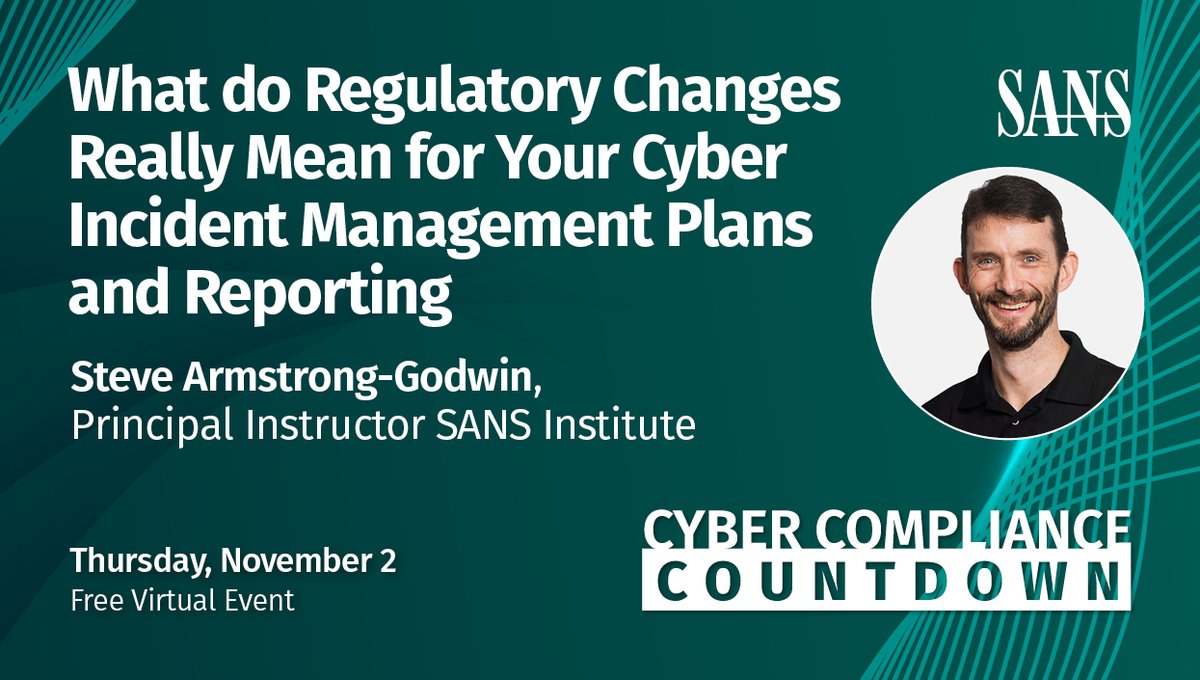 SANS Institute (@sansinstitute) on Twitter photo Join us at SANS Cyber #ComplianceCountdown on November 2, when <a href="/Nebulator/">Steve Armstrong-Godwin</a> will discuss the SEC and #NIS2 mandates and what they mean for your cyber incident management plans and reporting.
➡️ View the Full Agenda & Register for Free: sans.org/u/1sCo
#CyberCompliance Join us at SANS Cyber #ComplianceCountdown on November 2, when <a href="/Nebulator/">Steve Armstrong-Godwin</a> will discuss the SEC and #NIS2 mandates and what they mean for your cyber incident management plans and reporting.
➡️ View the Full Agenda & Register for Free: sans.org/u/1sCo
#CyberCompliance