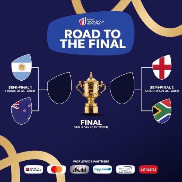 💙 WK RUGBY  HALVE FINALES  💛

De kwartfinales zijn 20 en 21 oktober. 💪🏽 ⚡

Hieronder het schema (Ziggo tijden, wedstrijden starten op het hele uur): 

Vrijdag 20-10 20:30 uur Argentinië vs Nieuw-Zeeland
 
 Zaterdag 21-10 20:30 uur Engeland vs Zuid-Afrika 

#altijdsamen