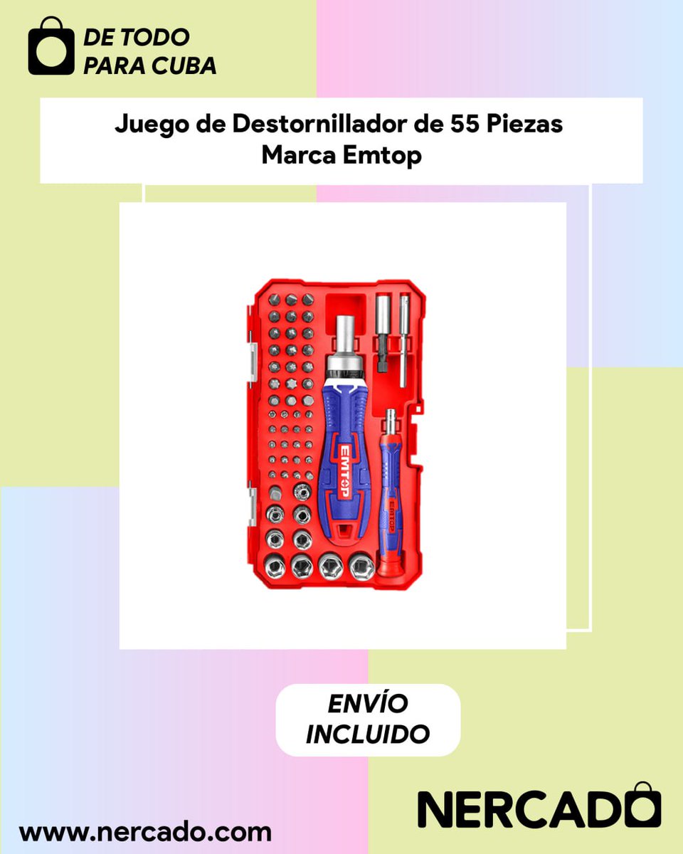 NercadoCuba's tweet photo. ¡Realiza cualquier reparación en casa con el completo juego de destornillador de 55 piezas marca Emtop!
¡Envíalo con Nercado!
#destornillador #envíosacuba #Nercado #reparacionesencuba #herramientas. https://t.co/e4ILpnHHy8