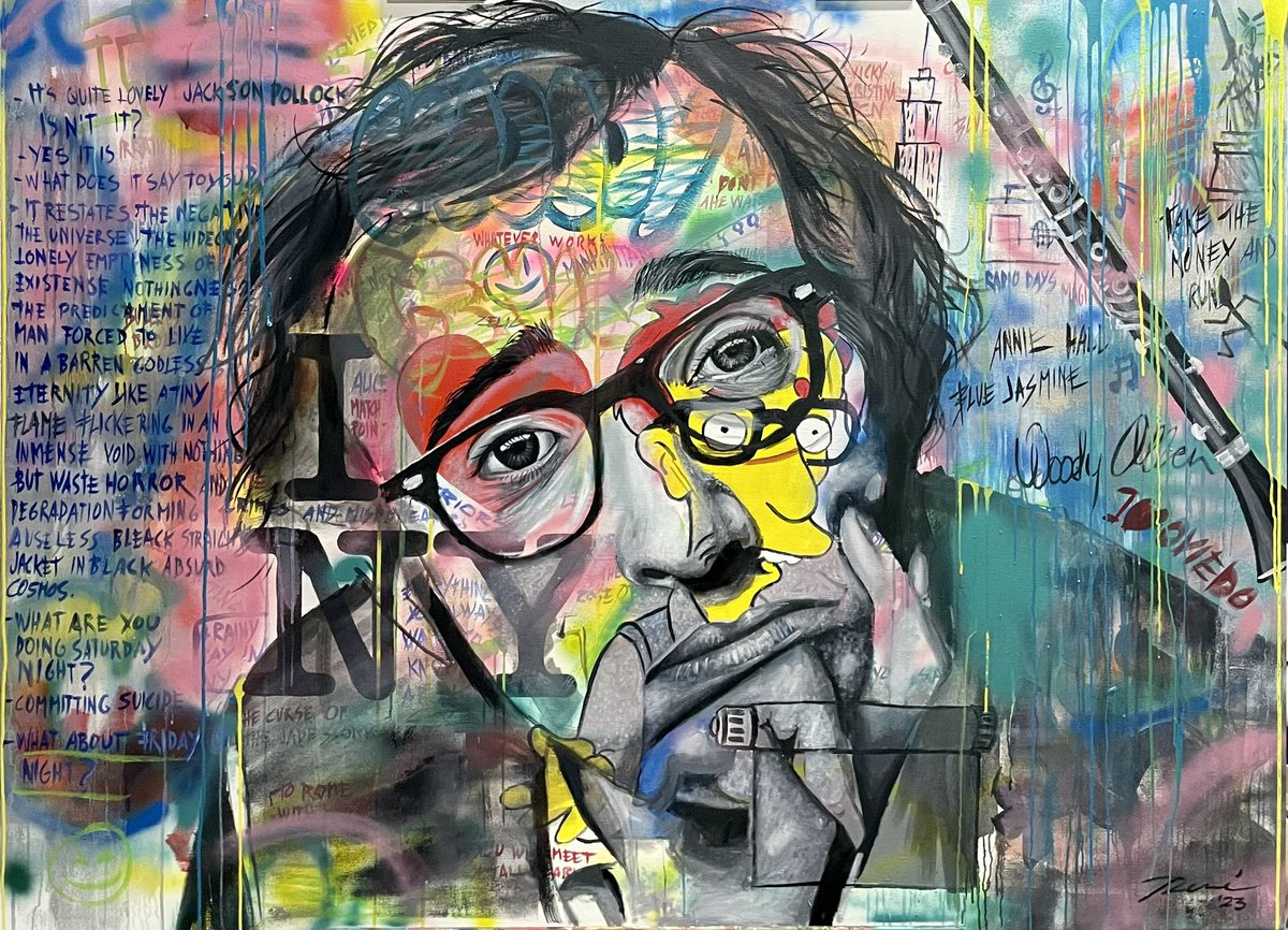The Master Woody Allen. Oil, spray, acrylic on canvas.