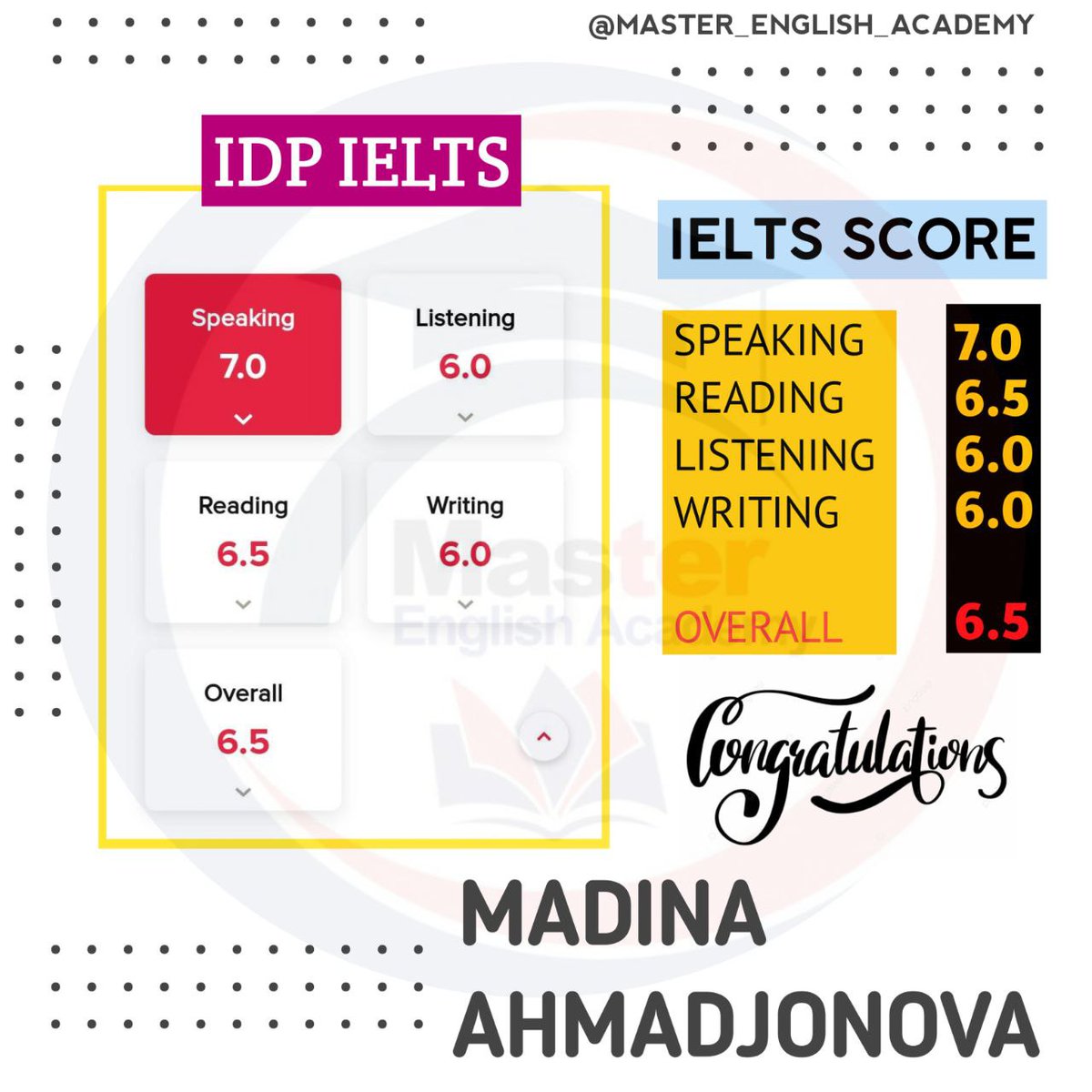 chustmaster's tweet photo. ❤️Yana bir MASTERIMIZDAN ajoyib natija😀

🌟AHMADJONOVA MADINA 🤎

🎧 LISTENING 6.0
📖 READING 6.5
📝 WRITING 6.0
🗣 SPEAKING 7.0

😀OVERALL 6⃣.5⃣

Tabriklaymiz☺️ Alloh ilmingizni ziyoda qilsin 🤲

✈️@chustmaster ✅ https://t.co/mzNG3C5S8R