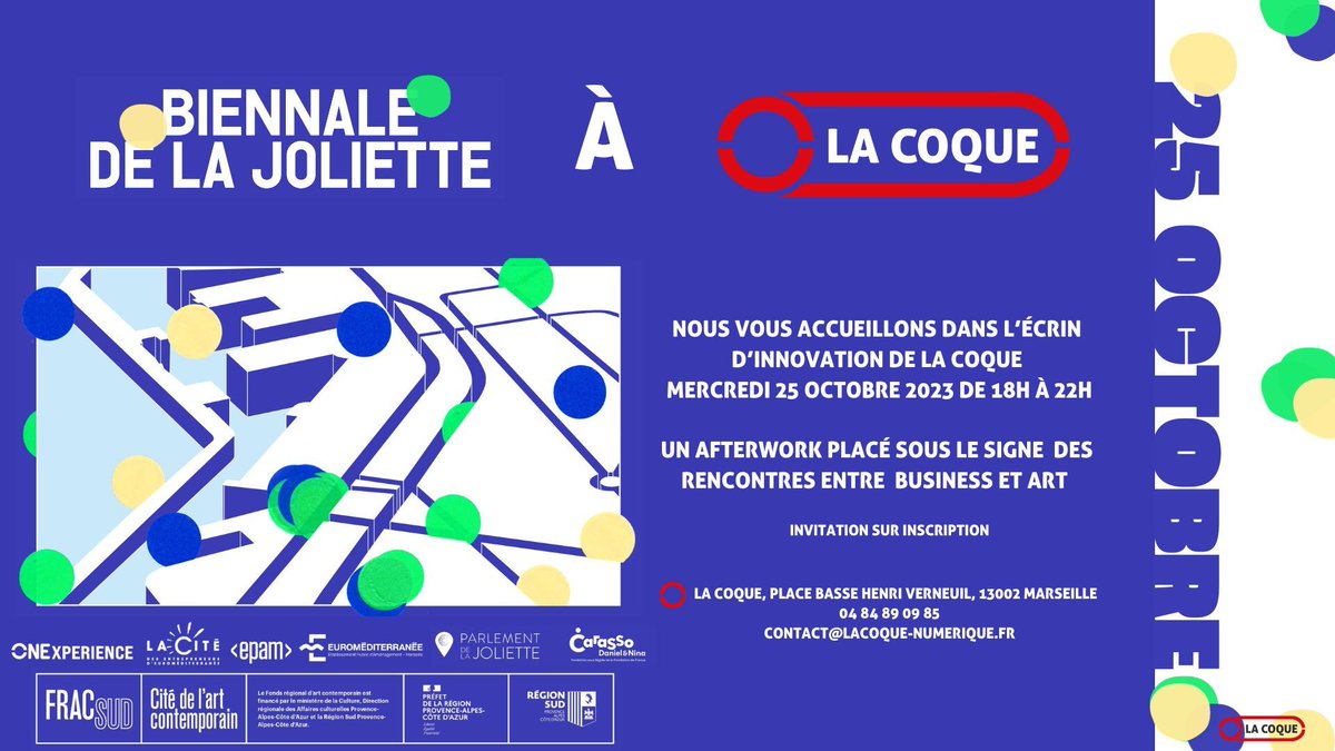 LaCoqueNumeriq's tweet photo. 🔵[LA BIENNALE DE LA JOLIETTE - PARTENARIAT]🟣  
❗Deux dates importantes à La Coque
💦Fresque de l'eau : 21 octobre à 15h  
🤝Soirée de la Biennale de la Joliette : 25 octobre à 18h.
 #LaJoliette #LaCoque  #Partenariat #Business #Art #afterwork #fresque #eau #innovation https://t.co/93hBzkmjiF