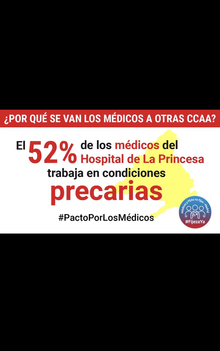 <a href="/SaludMadrid/">Salud Madrid</a> Ojalá acoger también y estabilizar a sus facultativos temporales con AÑOS en fraude de ley. Más de la mitad de los especialistas de La Princesa trabajan día a día en situación laboral precaria #FijezaYa #PactoPorLosMedicos <a href="/IdiazAyuso/">Isabel Díaz Ayuso</a> <a href="/SaludMadrid/">Salud Madrid</a>