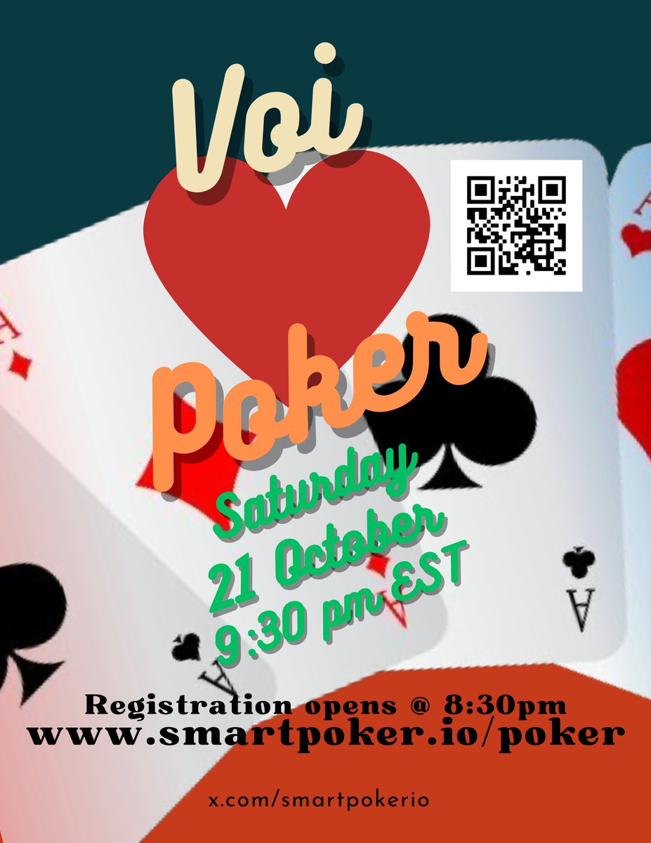 smartpokerio's tweet photo. Ready to win @Voi_Net TestNet tokens? Join us tomorrow, October 21st @ 9:30pm EST (1:30AM UTC) for our first VOI❤️SP game. See below 👇for links and details. Registration opens one hour before the game. The game begins exactly at the scheduled start time.

https://t.co/Wyq57R9SDP https://t.co/EOIwE3Al8a