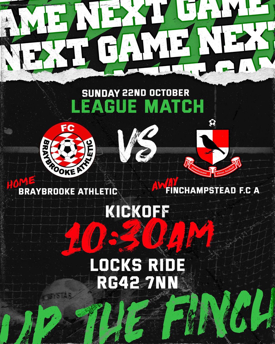 It’s Game Week!!!

The lads are back in action against a familiar face looking to kick on from their cup success and close the gap on those above! @_BraybrookeFC 

#UPTHEFINCH 🟢⚫️