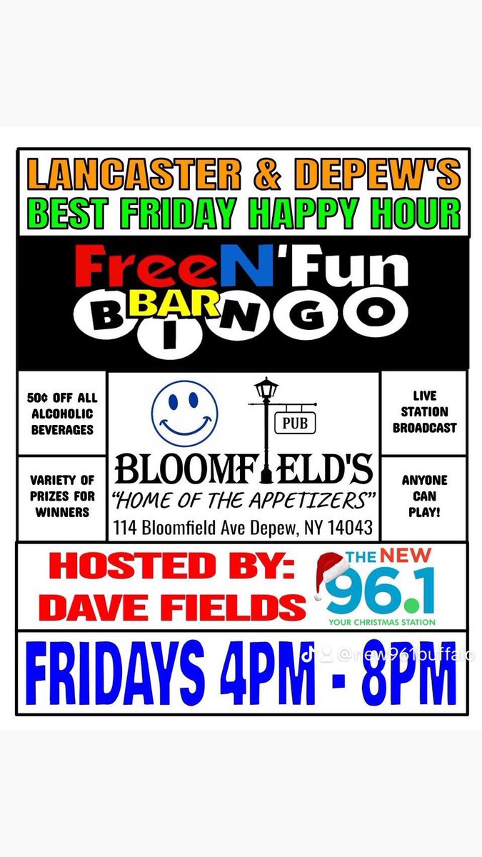 Davebluefields's tweet image. Join me for Bar Bingo at Bloomfield’s Pub in Depew. It’s free to play bingo and starts at 5 PM. Happy hour from 4 to 8 PM. #foryou #feelgoodmorningshow #barbingo #bingo ￼