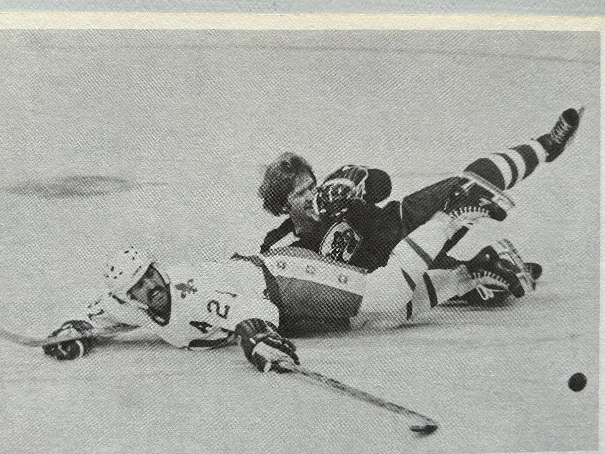 Claude6Landry's tweet photo. #SergeBernier with #PatStapleton, of the Indianapolis Racers, in an effort pushed to the limit. The indestructible center player scored 36 points in the 1976-1977 playoffs, a decisive contribution in the push towards the Avco Cup. https://t.co/Ns7CyNQiU5