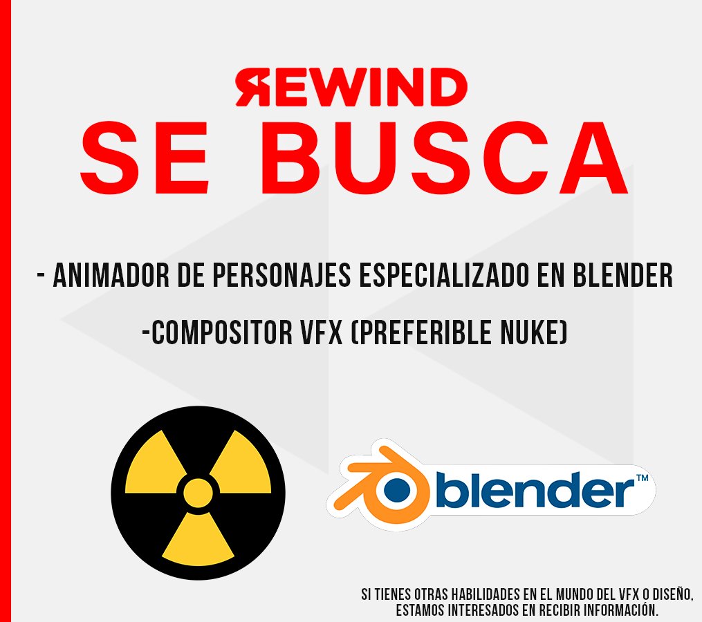 Rewind Hispano (@rewindhispano23) on Twitter photo ATENCIÓN: Buscamos profesionales para trabajar otro año más en el Rewind Hispano 2023.
Animador de personajes con especialización en Blender.
Compositor VFX (Experiencia en Nuke.)
Envía tu portafolio y CV al correo: rewindhispanovfx@gmail.com ATENCIÓN: Buscamos profesionales para trabajar otro año más en el Rewind Hispano 2023.
Animador de personajes con especialización en Blender.
Compositor VFX (Experiencia en Nuke.)
Envía tu portafolio y CV al correo: rewindhispanovfx@gmail.com