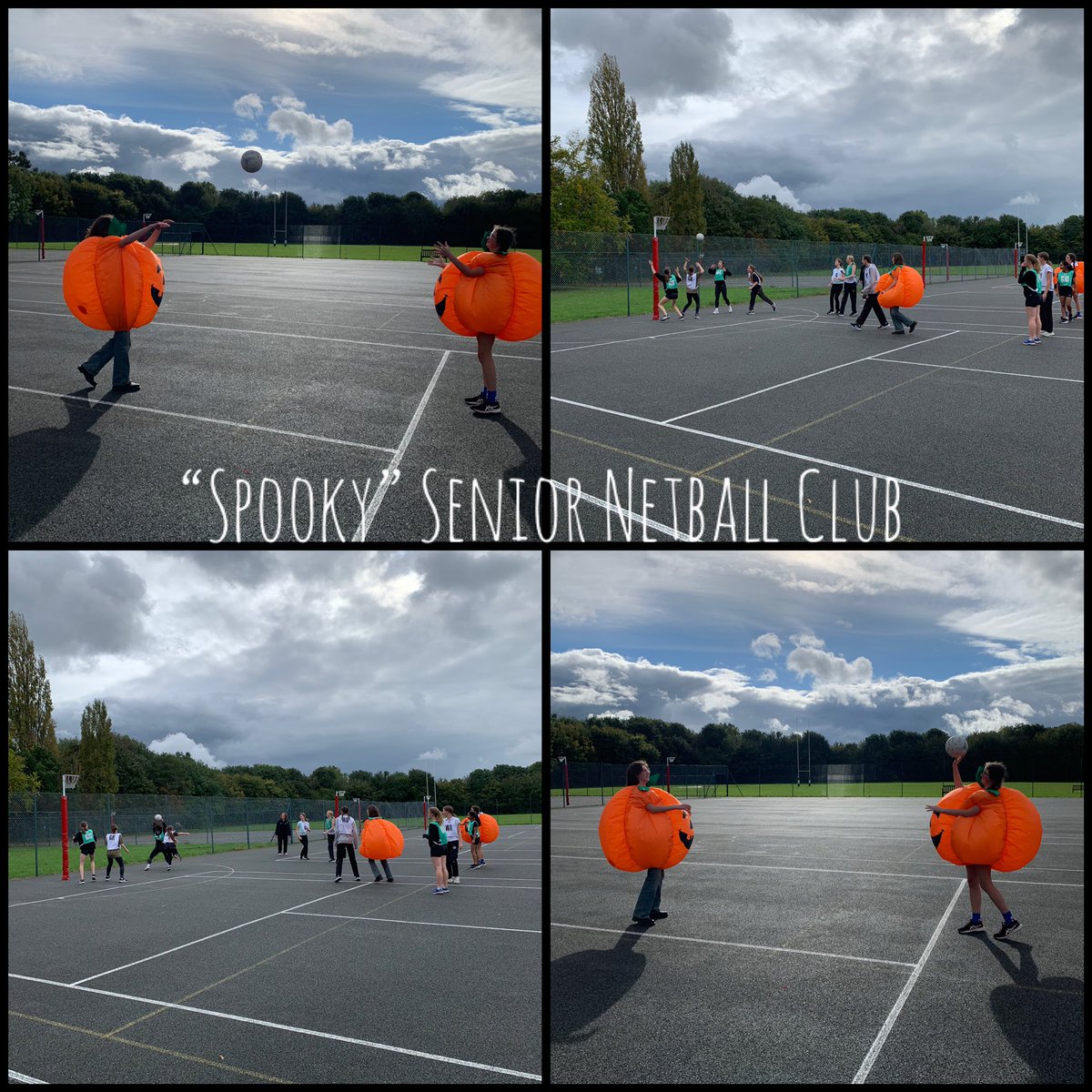 PatesSport's tweet photo. Today at Senior Netball Club we had pumpkins 🎃, ghouls, zombies 🧟♀️ and normal netball players all participating in match play! With the autumn leaves 🍂 blowing across the court and the thick cloudy sky it really felt a ‘Spooktacular’ session #netball #schoolsport #netballfun https://t.co/dzr0KKo1r8