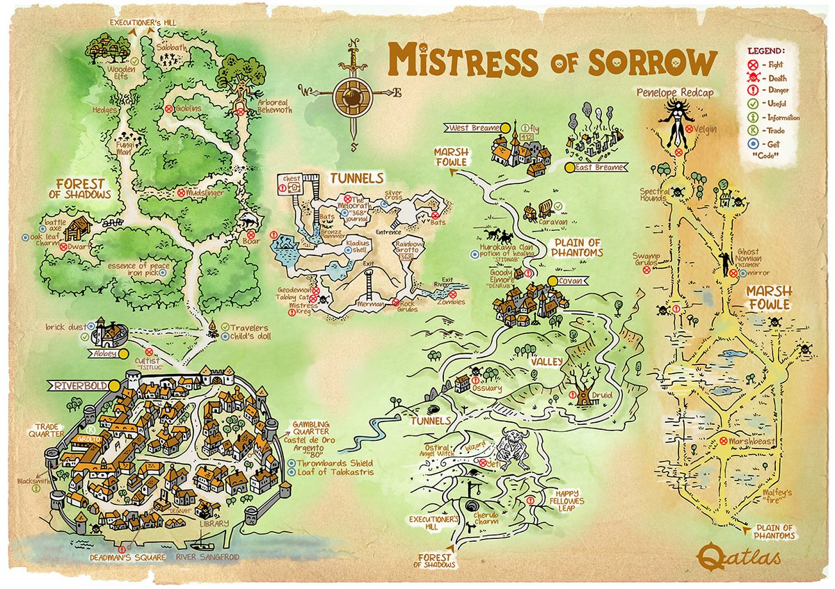 QatlasM's tweet image. My hand-drawn map for Mark Lain&apos;s gamebook, Mistress of Sorrows 
#mapbuilder #dungeonbuilder #vectorillustrations #fantasyworld #handdrawnillustrations #fantasyland #qatlasmap #fantasyart 
#visualstorytelling #fantasymonsters #gamebook #adventure #mistressofsorrows #roleplaying