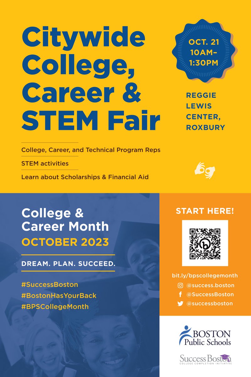 1 more day until the @BostonSchools Citywide College, Career & STEM Fair! Join us and over 150 exhibitors featuring colleges across New England, HBCUs, employers, college and career support services, STEM activities for youth and so much more! #BPSCollegeMonth #MassSTEMWeek