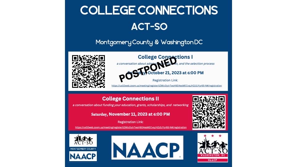 College Connections 10/21/23 is POSTPONED. #actsomoco