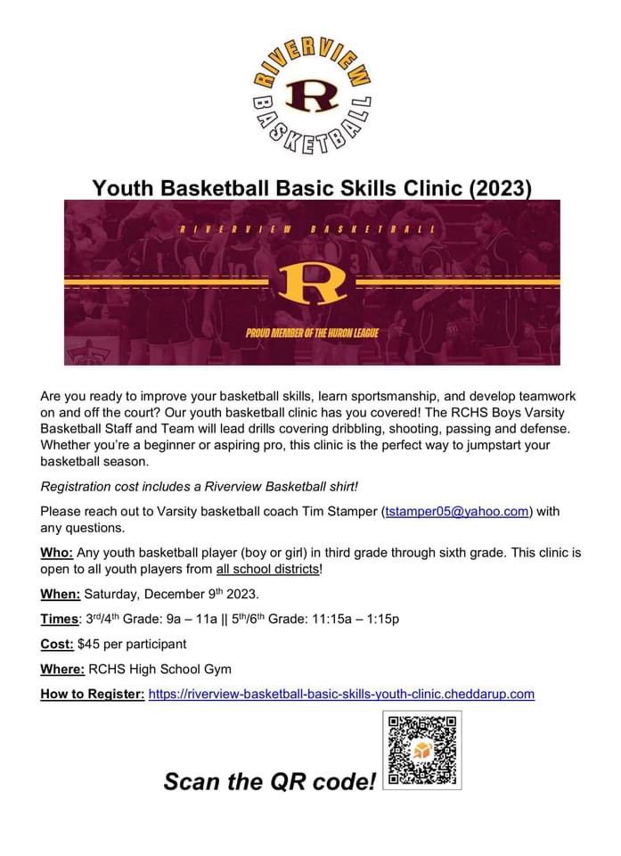 pirates_hoops's tweet photo. Attention Youth Parents: 

Join the Riverview Boys Varsity Basketball team for a pre-season skills clinic before Rec League starts! 

See details and QR code below for registration. #GoBucs https://t.co/KhM77DPmYa