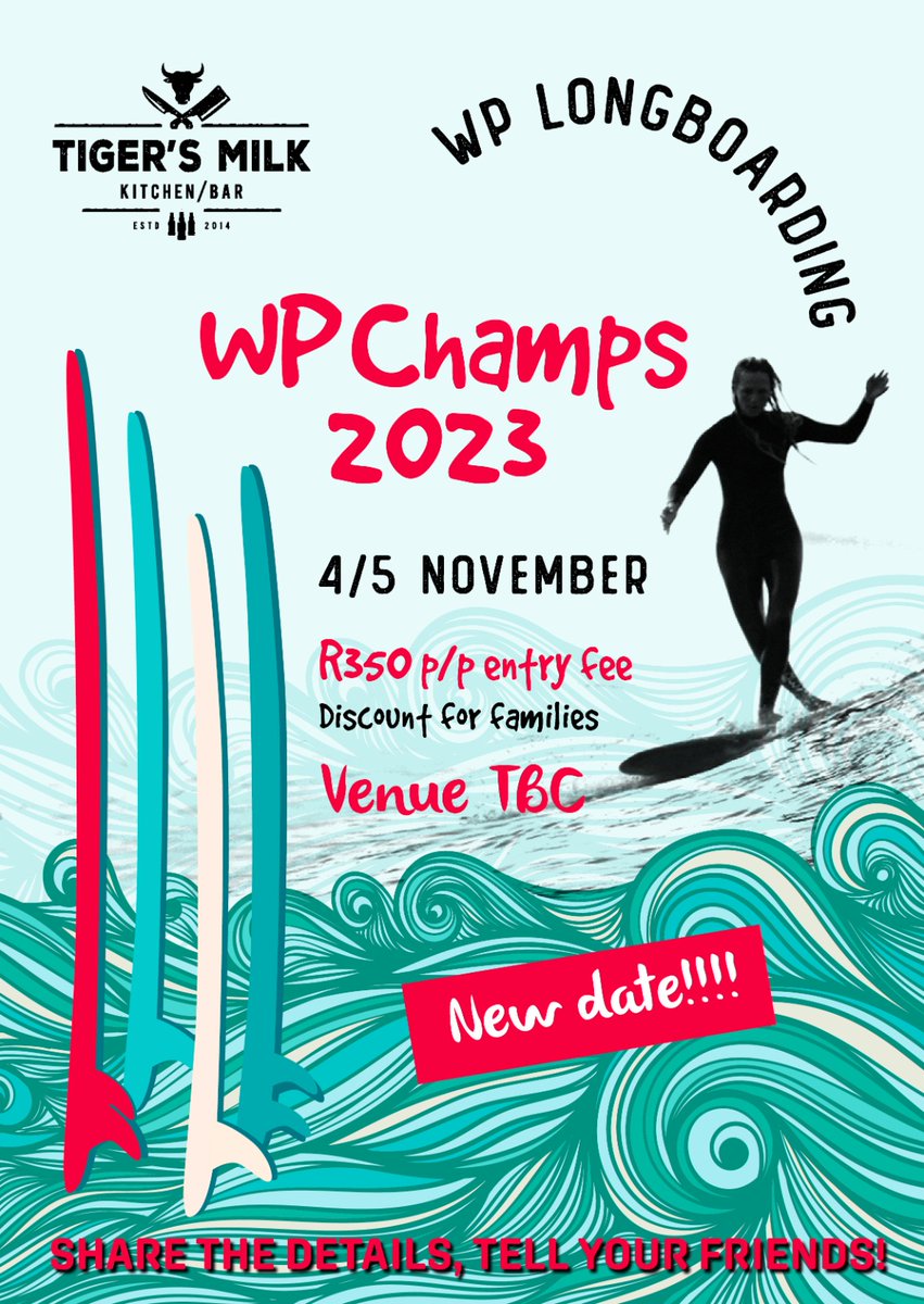 𝐓𝐈𝐆𝐄𝐑’𝐒 𝐌𝐈𝐋𝐊 𝗪𝐏 𝐂𝐇𝐀𝐌𝐏𝐒 𝟐𝟎𝟐𝟑
DATE: 4 &amp; 5 NOVEMBER
Venue: TBC
R350 p/p Entry Fee
wplsa.co.za 
#wplsa #westernprovincelongboarding #wpchamps2023 #WPLSChamps23 #TigersMilk