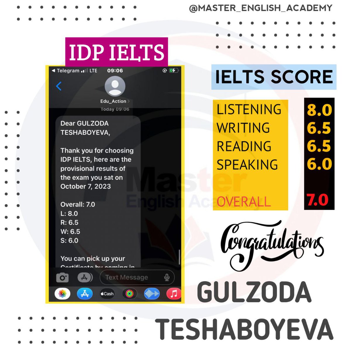 chustmaster's tweet photo. 🔠🔠🔠🔠🔠 7⃣

Yana bir MASTERIMIZDAN ajoyib natija👏✅

TESHABOYEVA GULZODA 

🎧 LISTENING 8.0
📖 READING 6.5
📝 WRITING 6.5
🗣 SPEAKING 6.0

🔥OVERALL 7.0

Tabriklaymiz🥰 Alloh ilmingizni ziyoda qilsin 🤲

@chustmaster ✅️ https://t.co/gwCZvzgszf