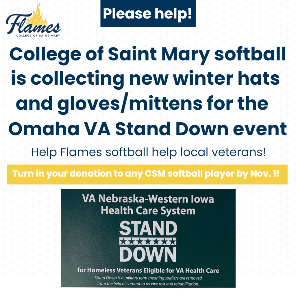 CSM softball is once again helping the local Omaha VA Hospital collect items for the VA Nebraska-Western Iowa Stand Down event. We are collecting new winter hats, gloves and mittens. Please turn in your donation to any CSM softball player by Nov. 1.