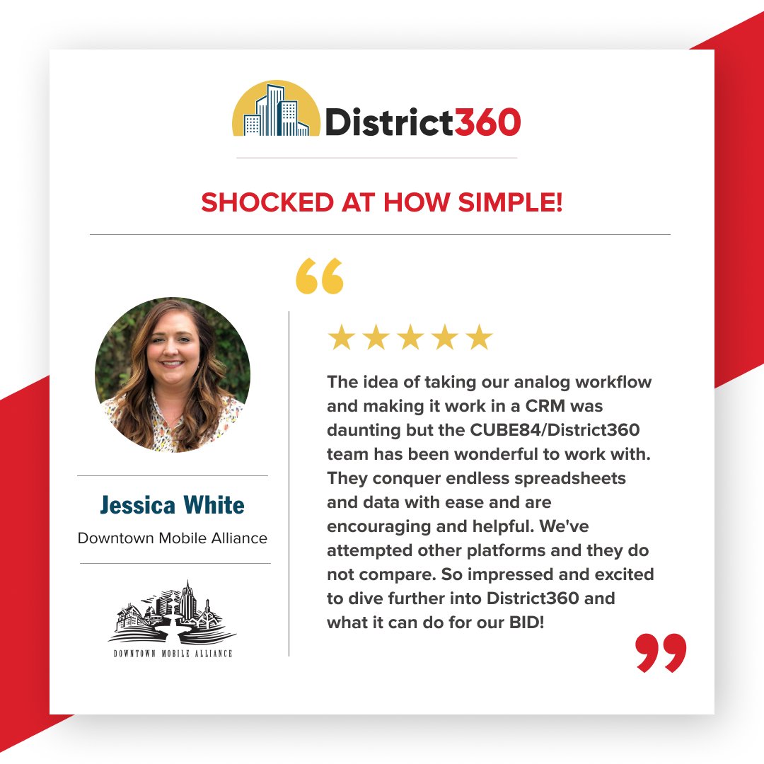 Thanks for the shoutout, Jessica White. We're humbled by the appreciation and glad to have assisted in transforming <a href="/DowntownMobile/">Downtown Mobile</a>'s Salesforce ideas into reality!  

#customersuccess #clients #testimonial #district360 #downtowndistricts