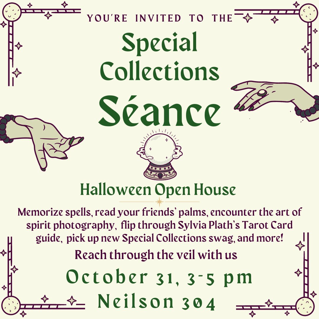 Save the  date! 🌠This Halloween, visit us in Neilson 304 from 3-5pm for the first-ever Special Collections Séance.🔮This year’s open house takes a look at collection materials around the themes of divination, Spiritualism, magic, and witchcraft. You won’t want to miss this.🦇