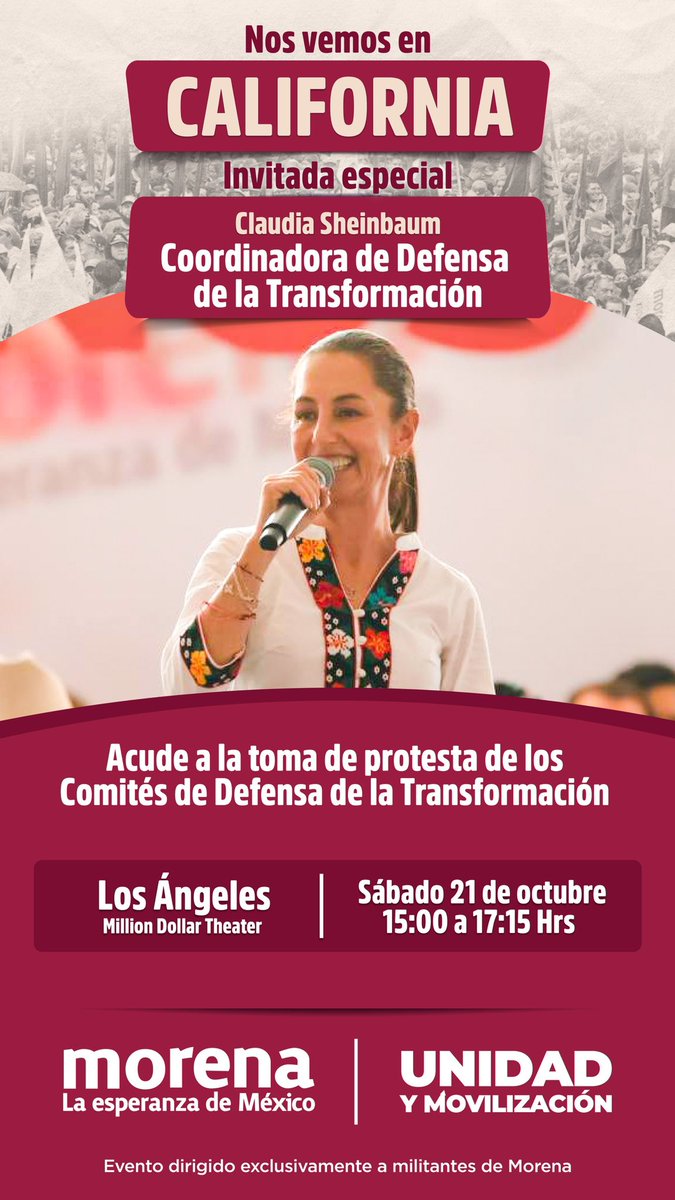 PartidoMorenaMx's tweet photo. ¡La organización interna de nuestro partido se sigue fortaleciendo en todos lados!

Nuestra coordinadora nacional @Claudiashein se reunirá con la militancia de Los Angeles, California.

Acompáñanos este sábado 21 de octubre a las 15:00 hrs. https://t.co/f0DeZG6juB