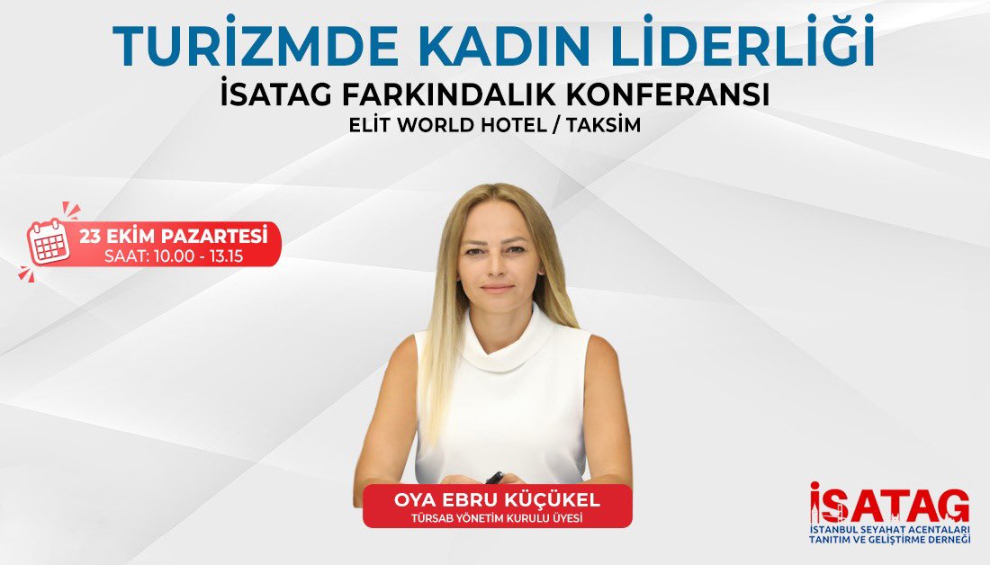 tursaborgtr's tweet photo. Yönetim Kurulu Üyemiz Oya Ebru Küçükel, İstanbul Seyahat Acentaları Tanıtım ve Geliştirme Derneği (İSATAG) tarafından düzenlenecek "İSATAG Farkındalık Konferansı"na katılım gösterecek.

23 Ekim 2023 Pazartesi günü saat 10.00'da Taksim Elit World Hotel'de gerçekleşecek söz konusu konferansta Küçükel; "Turizmde Kadın Liderliği" konulu bir konuşma gerçekleştirecek.

#TÜRSAB #İSATAG #TurizmdeKadınLiderliği