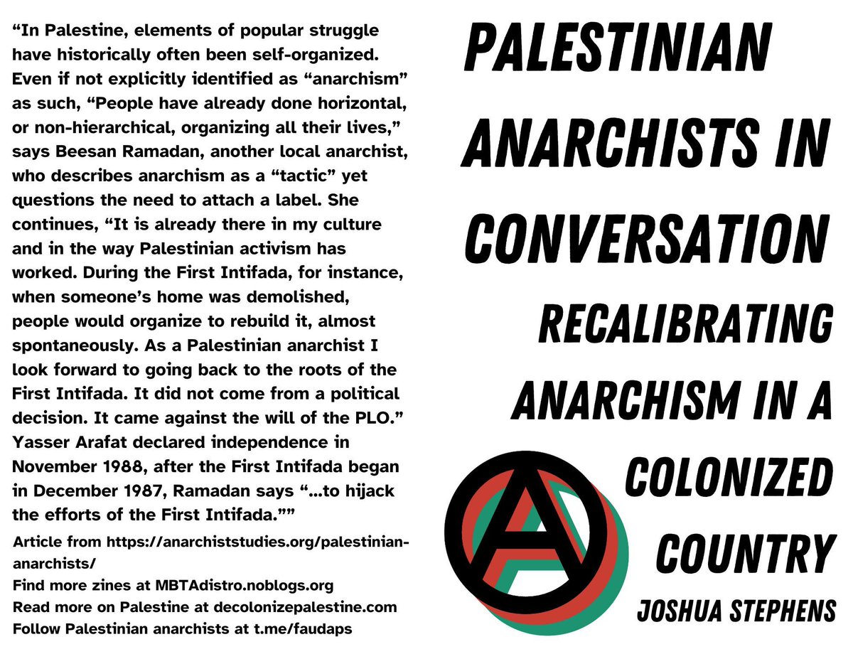 New post on the site: New Zine: Format of “Palestinian Anarchists in Conversation: Recalibrating Anarchism in a Colonized Country”

mbtadistro.noblogs.org/post/2023/10/2…

Spreading information is part of what we can do in this moment. Of course there is the first priority: materially impacting