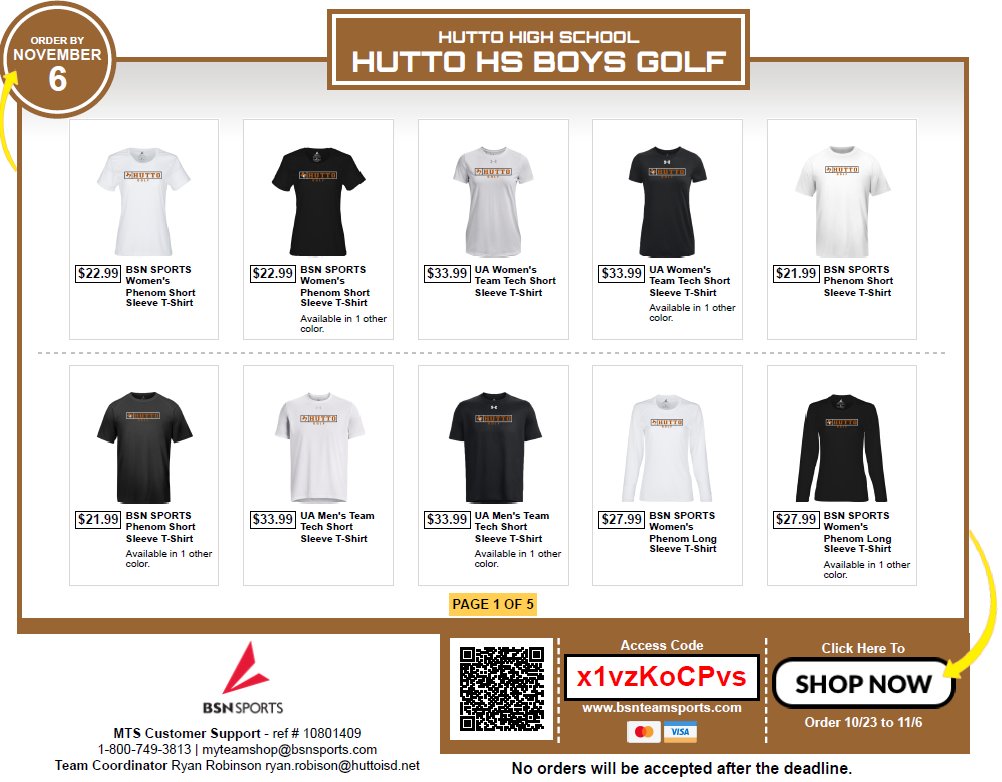 Hutto Golf Team Store is up and running! Closing date will be Monday, 11/6 - send out to family, friends, neighbors, etc... Lots of great stuff in here! 

You can also access it with the following link: bit.ly/45FHySj - use code x1vzKoCPvs to access it.