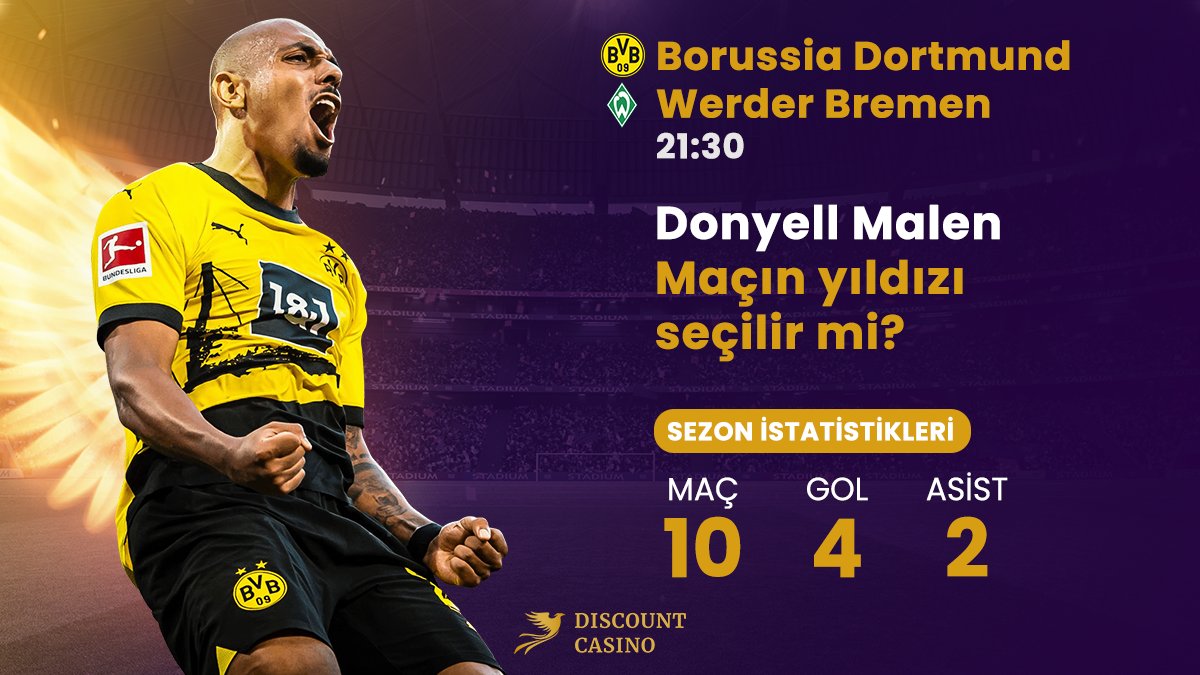 ⚔ Bundesliga'da günün maçında Borussia Dortmund, Werder Bremen'i ağırlıyor! Sezon başından bu yana 4 golü olan Donyell Malen maçın yıldızı seçilir mi? Hemen #discountcasino'ya gel, kazanan sen ol! Discount Casino Giriş: bit.ly/3QVLU3O