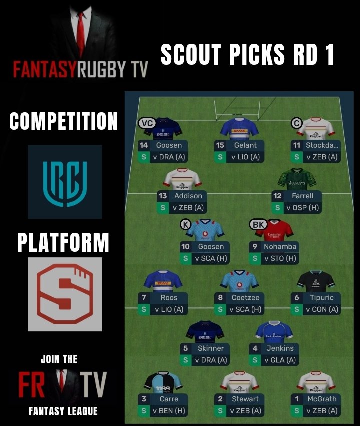 Scout Picks Round 1 - Fantasy United Rugby Championship brought to you by <a href="/Superbru/">Superbru</a>! 😎🙌

Here goes nothing 🚀🏉

Would you make any changes? 

To play Fantasy URC: 

Install Superbru Rugby App Here: superbru.com/urc_fantasy/

To join the FRTV league use the league code:

VAINHEAR