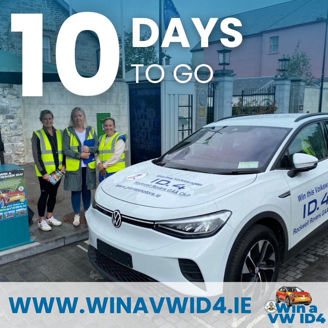 WinAVWID4's tweet photo. There are only 𝟭𝟬 days to go until our draw takes place!

Don't miss your chance to win Ireland's best selling EV - buy a ticket for our @RockwellRovers #WinAVWID4 fundraiser to be in with a chance to win a brand new VW ID4 🚗 Get a ticket here 🎫➡ https://t.co/7qOydneCna https://t.co/MmOrNjJckv