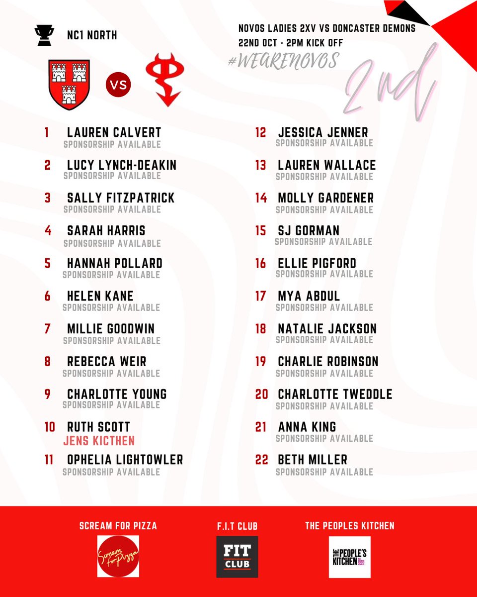 Novos Ladies (@novoswrfc) on Twitter photo 🔴⚪️⚫️TEAMSHEET⚫️⚪️🔴
Our squad for this Sunday!
Our 2nd XV face <a href="/demonsrugby/">Doncaster Demons</a> in their first home game of the season! Any supporters would be more than welcome!
#wearenovos 🔴⚪️⚫️TEAMSHEET⚫️⚪️🔴
Our squad for this Sunday!
Our 2nd XV face <a href="/demonsrugby/">Doncaster Demons</a> in their first home game of the season! Any supporters would be more than welcome!
#wearenovos