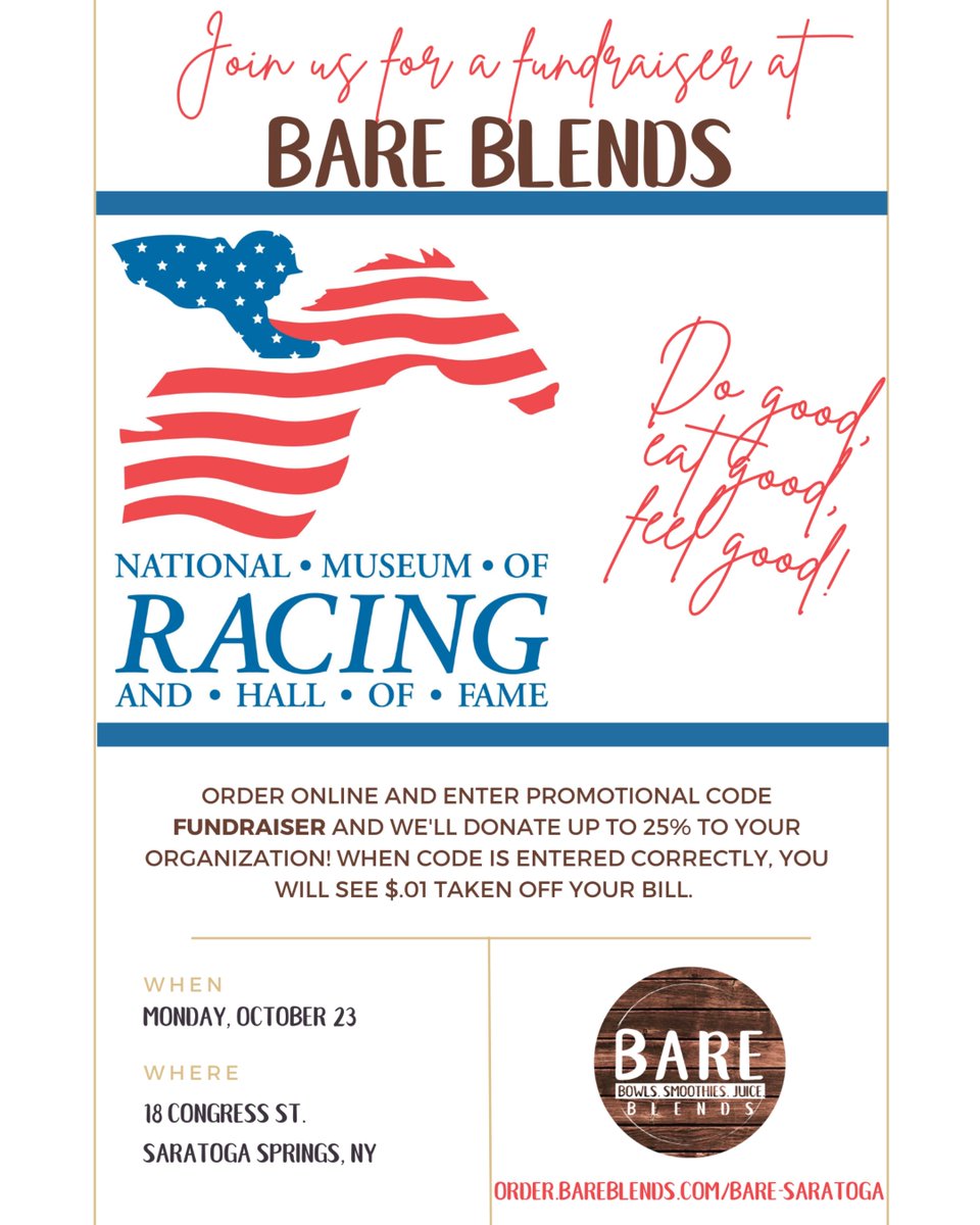 National Museum of Racing and Hall of Fame (@nmrhof) on Twitter photo Want to enjoy a delicious smoothie and support the Museum? This Monday, order online from the <a href="/bare_blends/">Bare Blends</a> Saratoga Springs location, and up to 25% of your order will be donated to the Museum!
Order online here: order.bareblends.com/saratoga-sprin… Want to enjoy a delicious smoothie and support the Museum? This Monday, order online from the <a href="/bare_blends/">Bare Blends</a> Saratoga Springs location, and up to 25% of your order will be donated to the Museum!
Order online here: order.bareblends.com/saratoga-sprin…