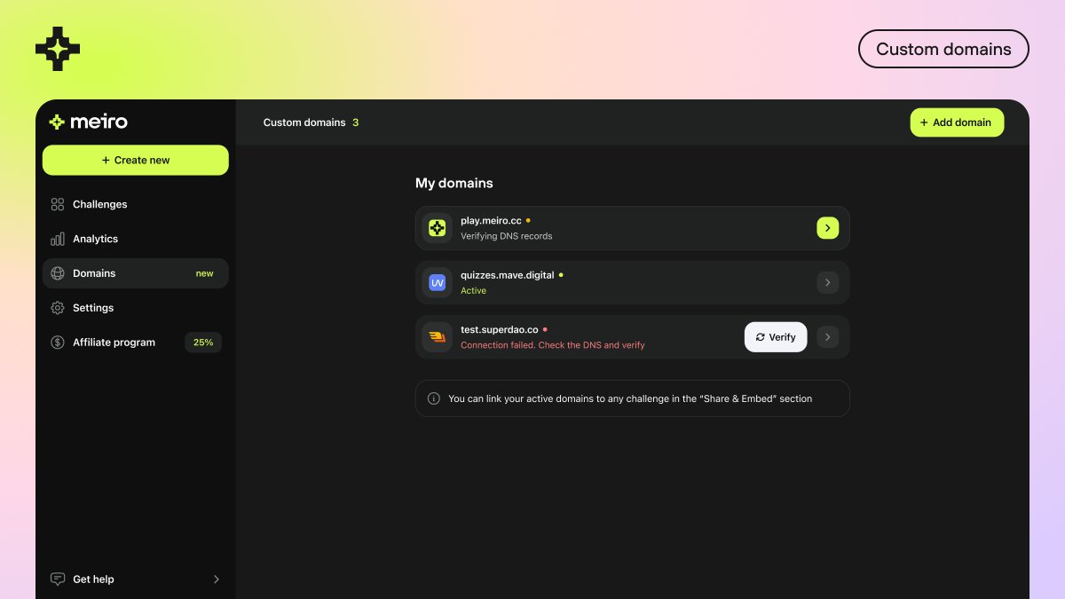 Working on one of the most highly requested features for meiro.cc 🙌
Here's a sneak peek at the custom domain feature 👀

#workinprogress #buildinpublic