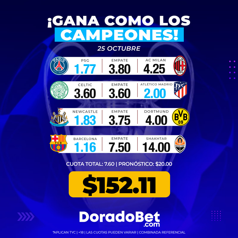 DoradoBetEcu's tweet photo. ¡El regreso de la Champions promete emociones épicas🏆🔥!  Mira los partidazos que se vienen...

Nuestra combi va con PSG, Atlético, Newcastle y Barcelona ,¿Cómo te jugarás la tuya🎯?