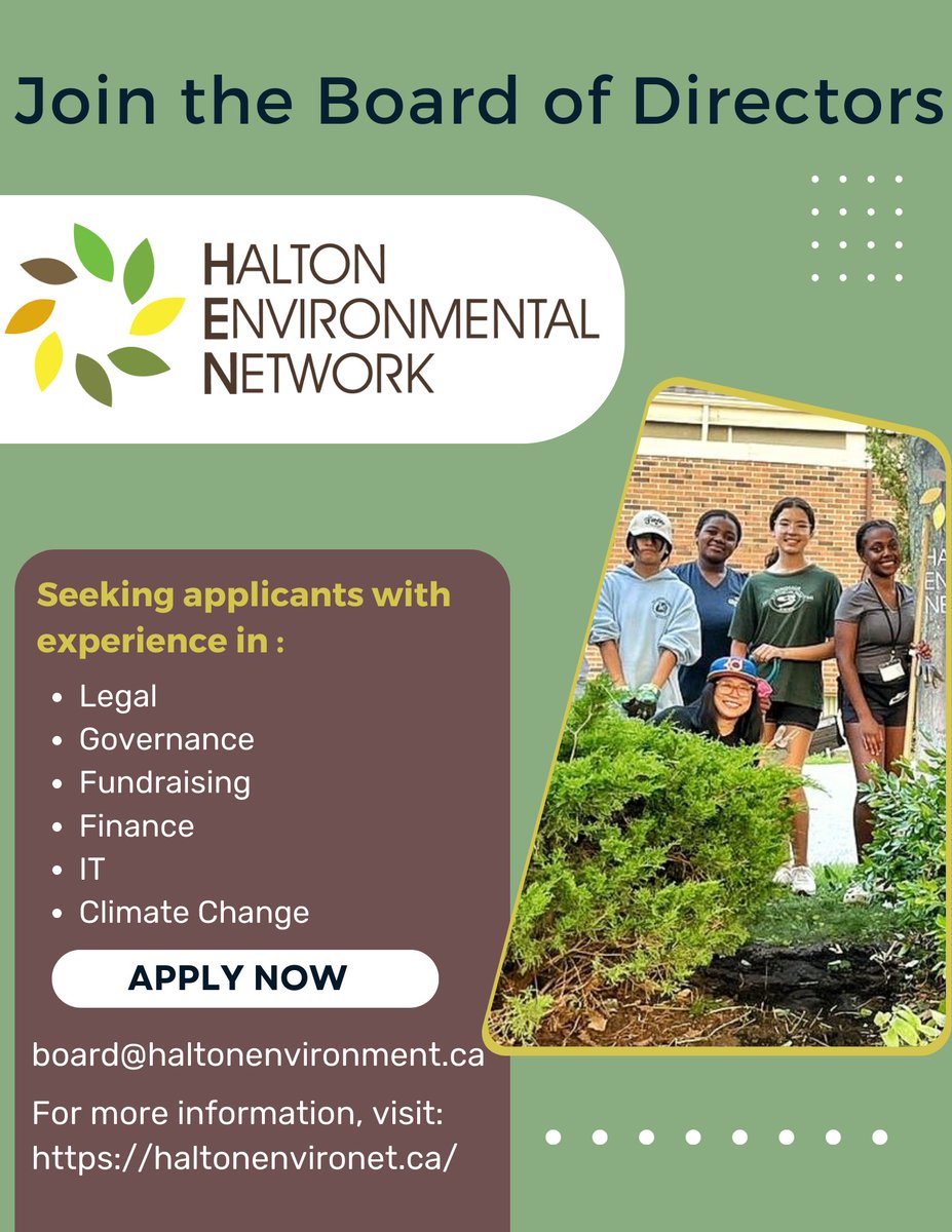 Are you looking for an exciting opportunity to help move our community forward in climate action and environmental sustainability? We are currently recruiting board members who can bring leadership to Halton Environmental Network. To apply, email board@haltonenvironment.ca.