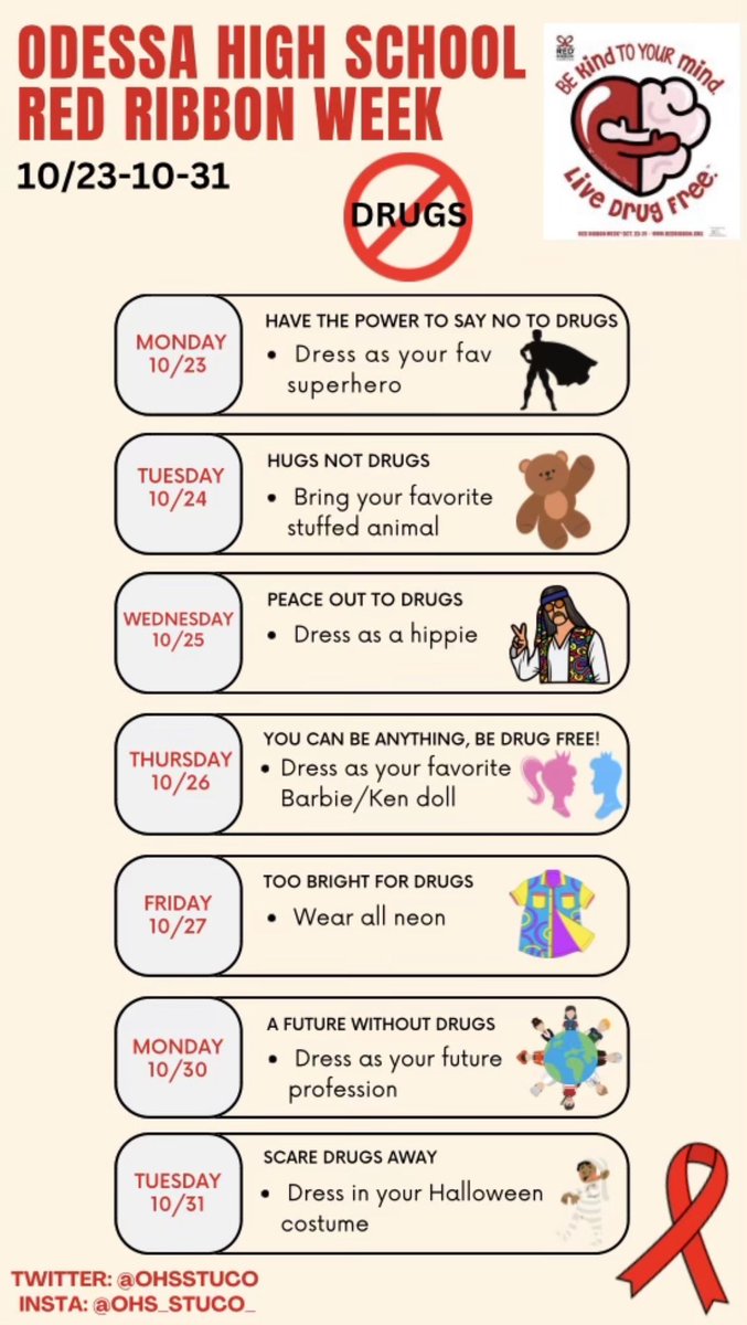 OhsStuco's tweet photo. RED RIBBON WEEK STARTS NEXT WEEK!! 10/23-10/31
Make sure to show you are Drug Free and participate in our theme days!!🤍❤️ #DrugFreeCampus https://t.co/2Oucy7ODEK