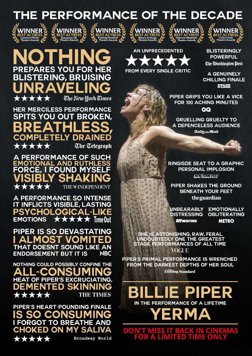 ⚠️I don’t want to be responsible for a panic, but if you are a fan of any of the following:

1. Billie Piper
2. Earth-quaking theatre
3. Record-breaking, award-winning acting

Well, then I have news for you: The utterly breathtaking BILLIE PIPER in the utterly gruelling,