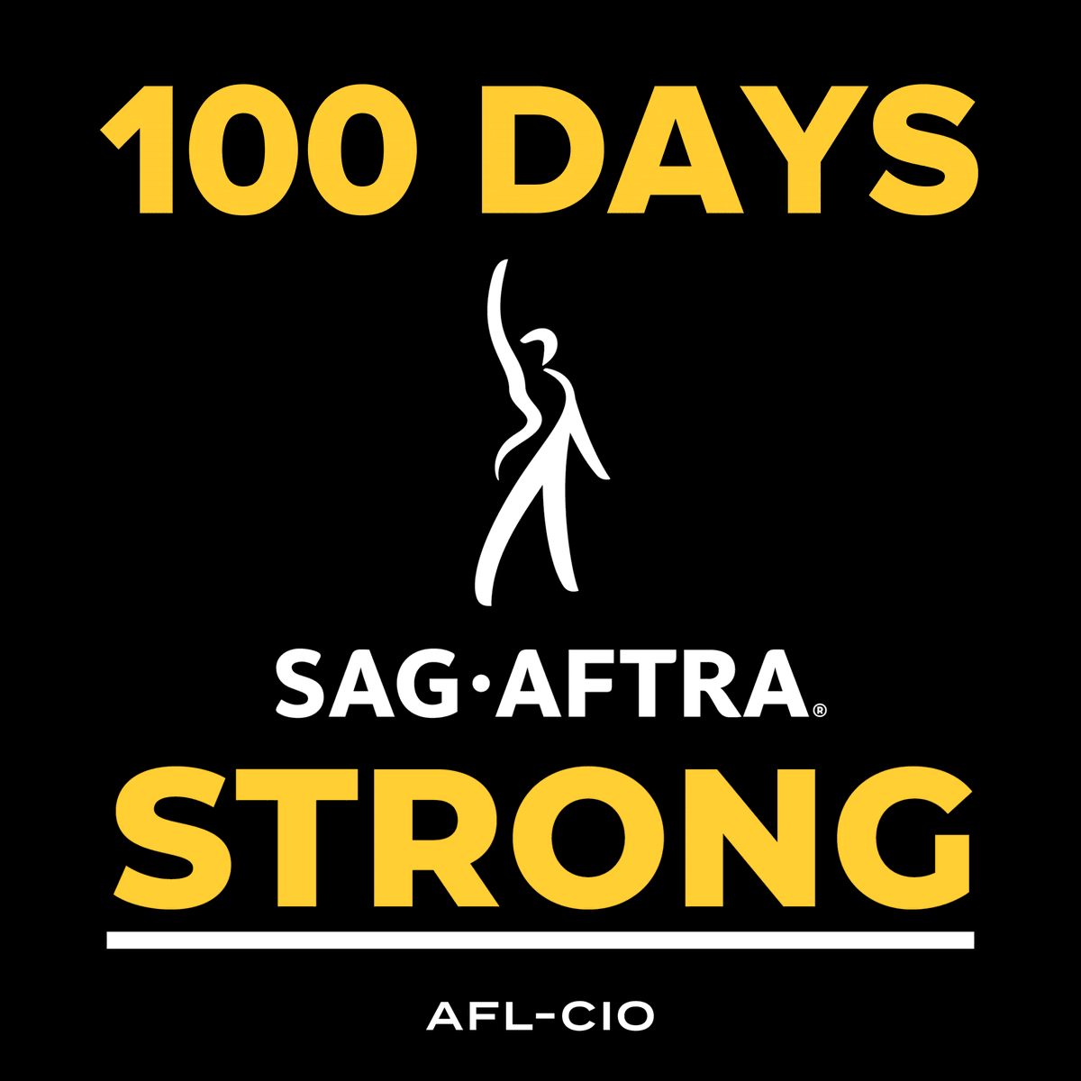 AFLCIO's tweet photo. Today marks Day 100 of the @sagaftra actors &amp; performing artists strike, the longest strike in the unions' history!

#SAGAFTRAStrong, no matter how long—until there's modern contract with living wages, streaming compensation &amp; protections against AI! https://t.co/40SZSRw5PU