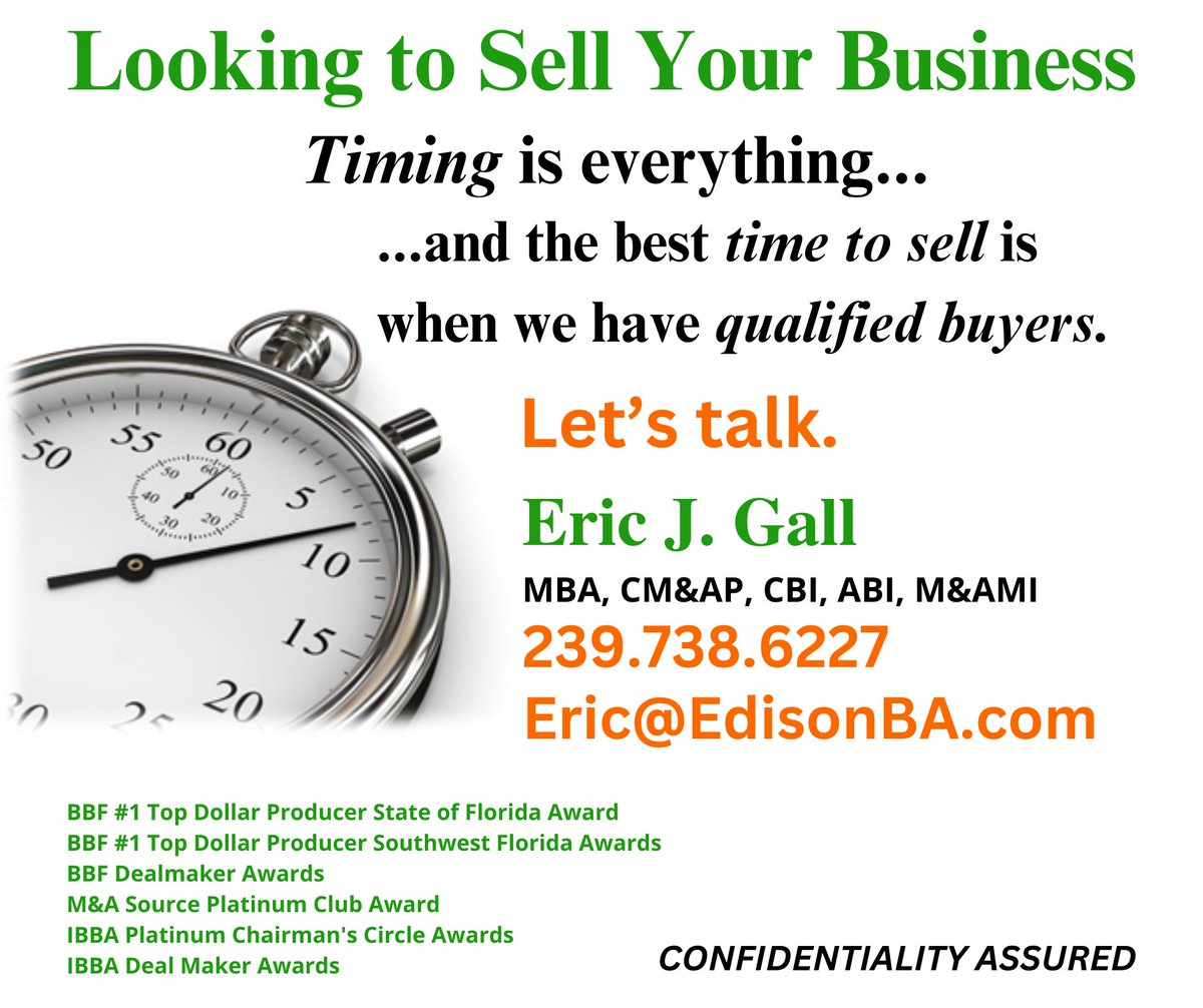 BUSINESS OWNERS:  Thinking about selling your business?  Contact me at 239.738.6227 or Eric@EdisonBA.com to set up a complimentary, confidential consultation.  #sellbusiness #businessbroker #businessowners #sellmybusiness #swflorida