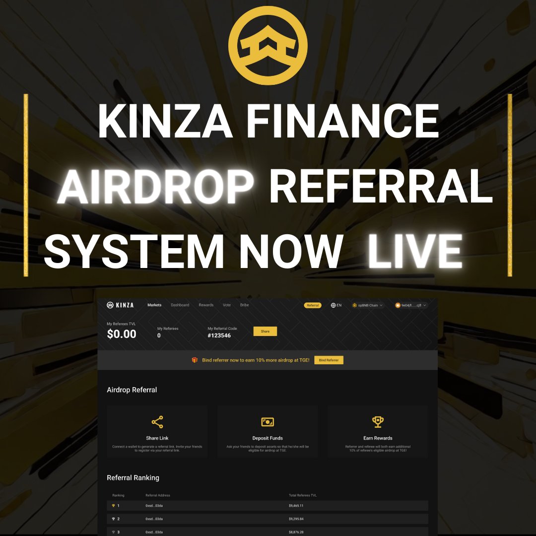 We are excited to announce the launch of our referral system⚡

Connect to our mainnet app.kinza.finance, explore your referral dashboard, invite users, deposit liquidity, rise the ranks, and increase your airdrop allocation following the $KZA TGE 🚀

Let’s grow some TVL🪴