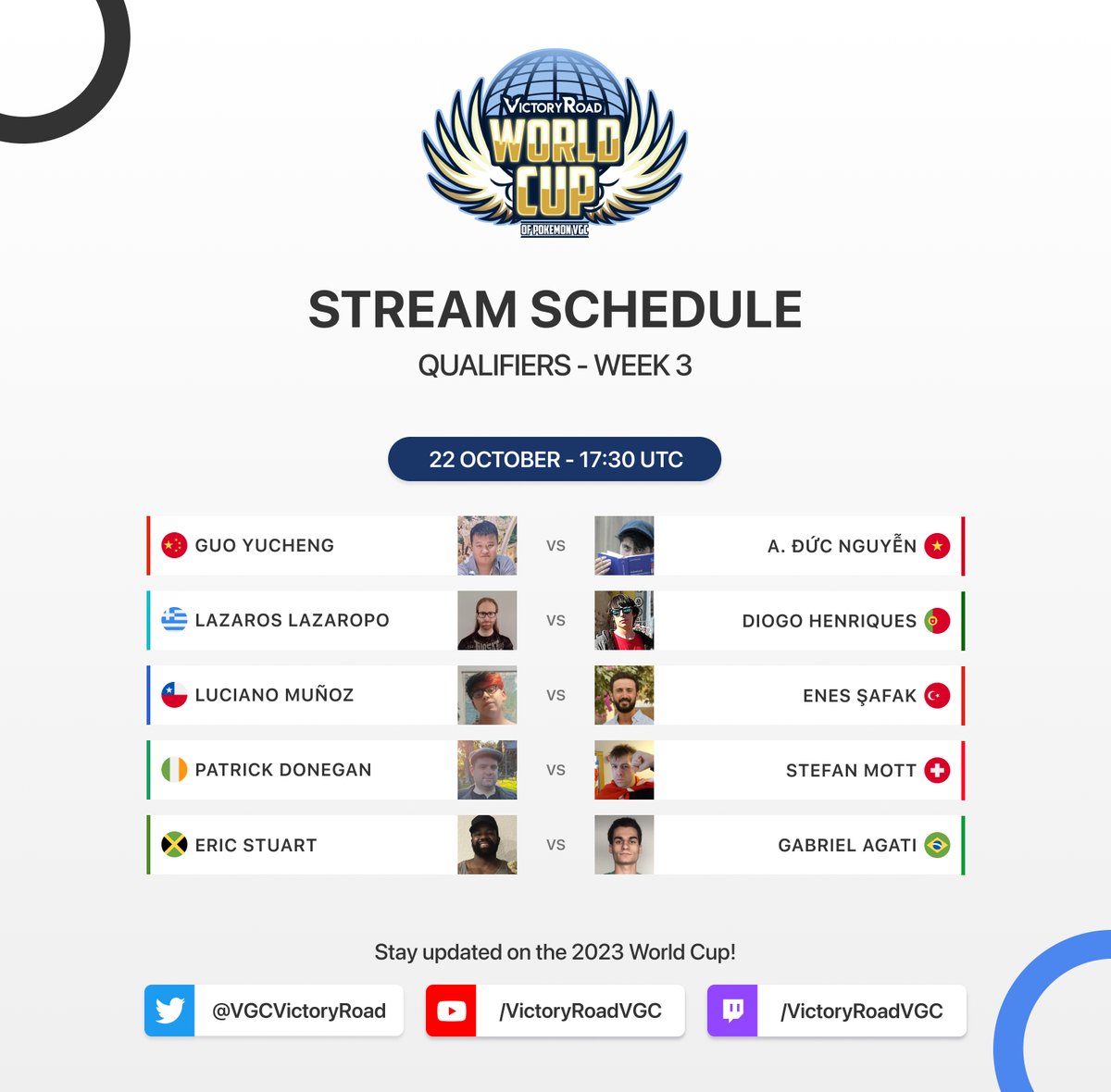 Unveiling the streamed matches for the final Qualifiers week of the 2023 World Cup of VGC! 🚀  

📅 Sunday 22 October 
🕐 17:30 UTC   

🟣 twitch.tv/victoryroadvgc
