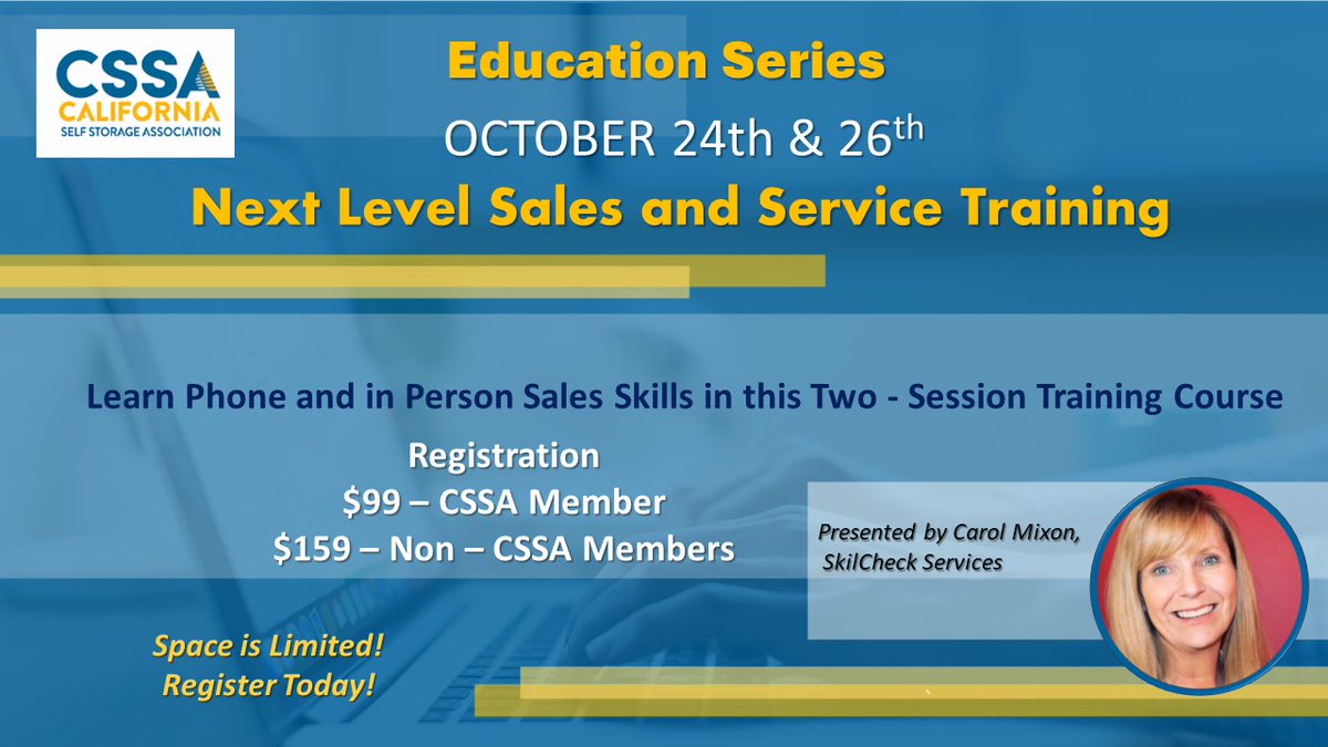 CA_SSA's tweet photo. Do own a Self Storage facility? 
Do you want to increase you or your managers sales skills? 
Join us for this interactive and virtual class! 
https://t.co/nl4qNuMToF https://t.co/Ld52RtdZ6s