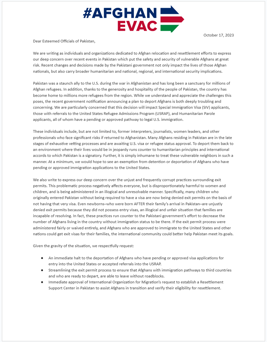 afghanevac's tweet photo. We just sent over the final letter to @GovPakistan, and provided a suggestion that they consider U.S. Visas equivalent to an exit permit.

This letter represents a cross-section of American diplomatic, national security, and humanitarian experience.

We await Pakistan's response. https://t.co/J45OEmj785