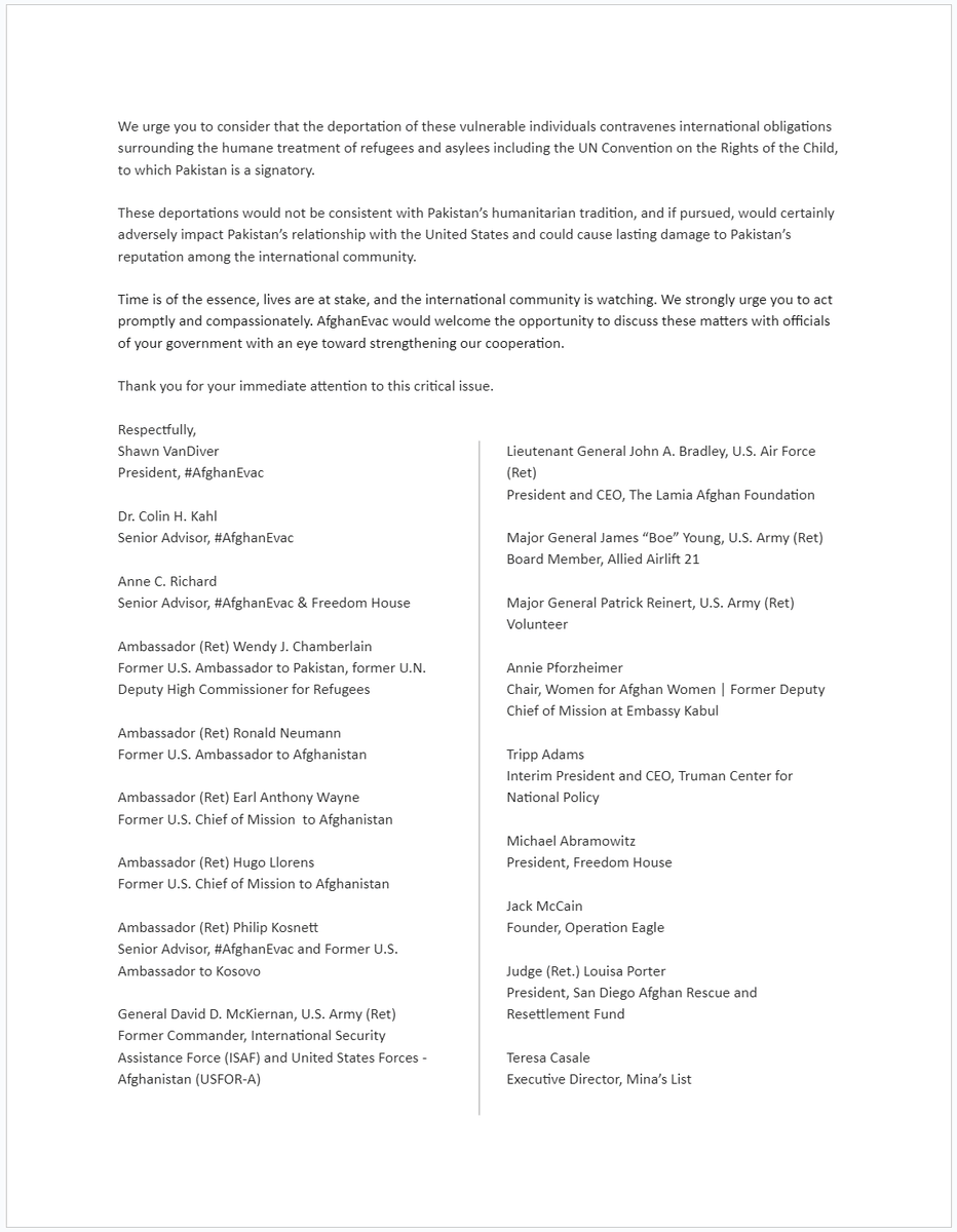 afghanevac's tweet photo. We just sent over the final letter to @GovPakistan, and provided a suggestion that they consider U.S. Visas equivalent to an exit permit.

This letter represents a cross-section of American diplomatic, national security, and humanitarian experience.

We await Pakistan's response. https://t.co/J45OEmj785