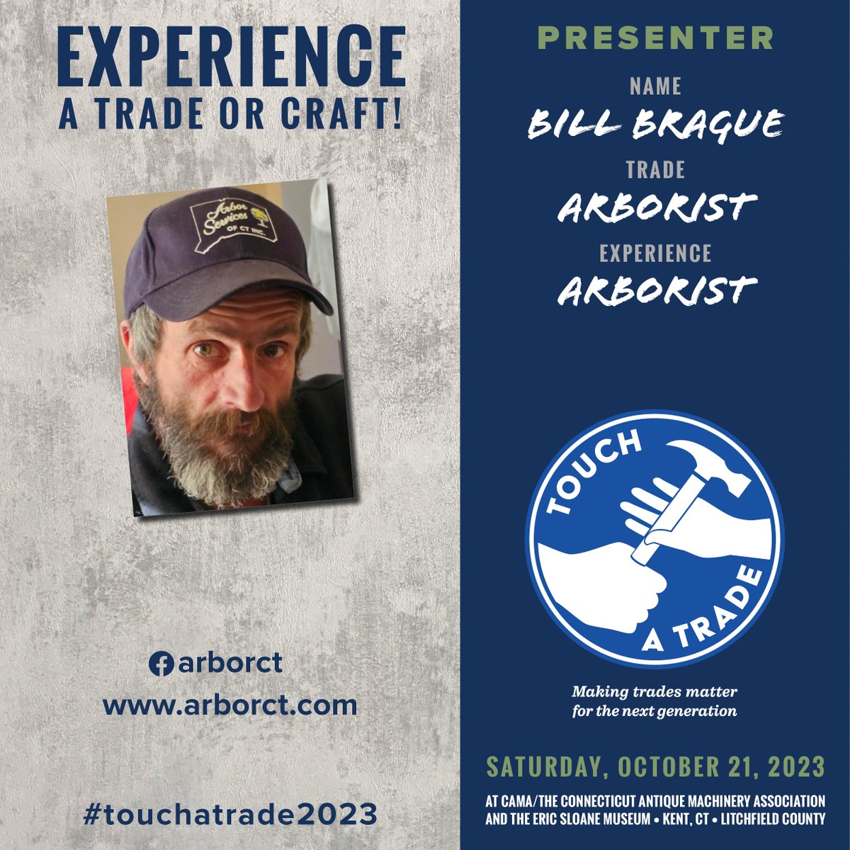 🚨💡PRESENTER SPOTLIGHT💡🚨

🌟🌲Touch A Trade is thrilled to announce this years Arborist, Bill Brague! Prepare to explore the wonders of trees at our Arborist Village. Rain or shine you do not want to miss this!

#TouchATrade #CreateASpark #MakingTradesMatter