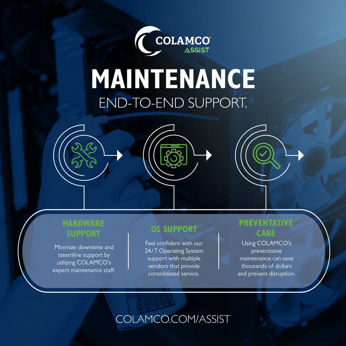 COLAMCO's tweet image. Get the most out of your tech. COLAMCO offers IT maintenance services spanning all key platforms and manufacturers:
colamco.com/assist

#ITservices #ITsolutions #ITMaintenance #TechSolutions #ITprofessional #ITsolutions