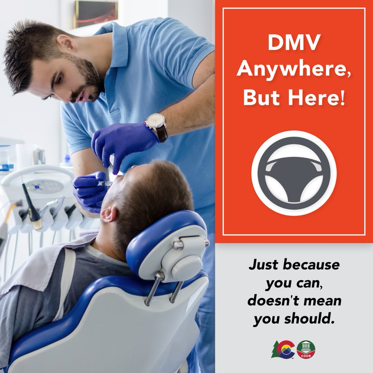 Routine cleaning or root canal 🦷 while renewing your license? A visit to the dentist is stressful enough. The DMV can wait! #JustBecauseYouCan
