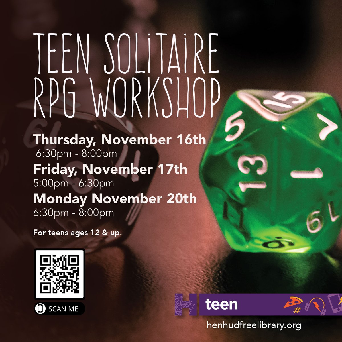 HenHudLibrary's tweet photo. For teens ages 12 & up. Registration is for all three sessions.
Visit our website to register.
#solitaire #solitaireworkshop #games #teengames #rpg #dicerpg #hhfl #librariesrock https://t.co/DVrr2p3B8n